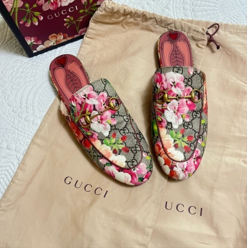 GUCCI Princetown Horsebit Mule Loafer Flat Bloom Pink GG Monogram Size 38